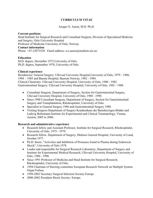Curriculum Vitae Ansgar O sen Md Ph D Ous Research No