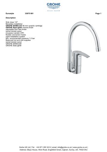 Description Sink mixer 1/2" Monobloc installation GROHE SilkMove ...