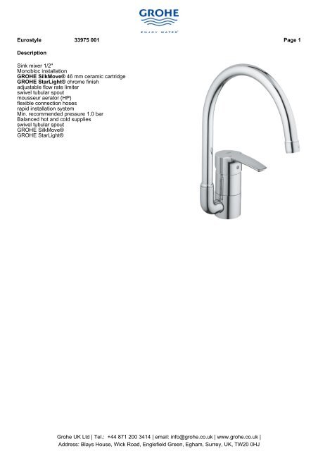 Description Sink mixer 1/2&quot; Monobloc installation GROHE SilkMove ...