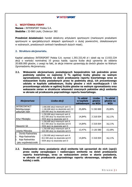 1. WIZYTÃWKA FIRMY Nazwa : INTERSPORT Polska ... - Notowania