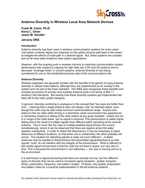 Antenna Diversity in Wireless Local Area Network Devices - SkyCross