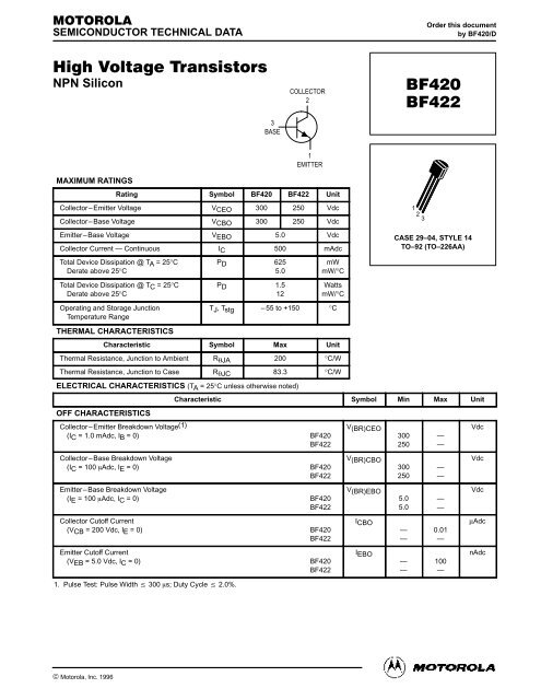 High Voltage Transistors BF420 BF422 - Futurlec