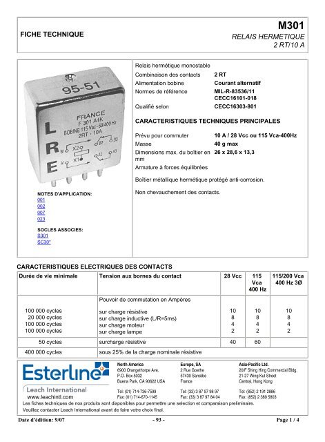 fiche technique relais hermetique 2 rt/10 a - Leach International