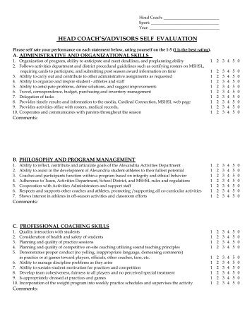 Head Coach Self Evaluation Form - Alexandria, Minnesota School ...