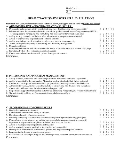 Head Coach Self Evaluation Form - Alexandria, Minnesota School ...