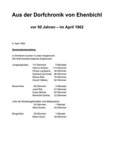 Vor 50 Jahren - Im April 1962 - Ehenbichl