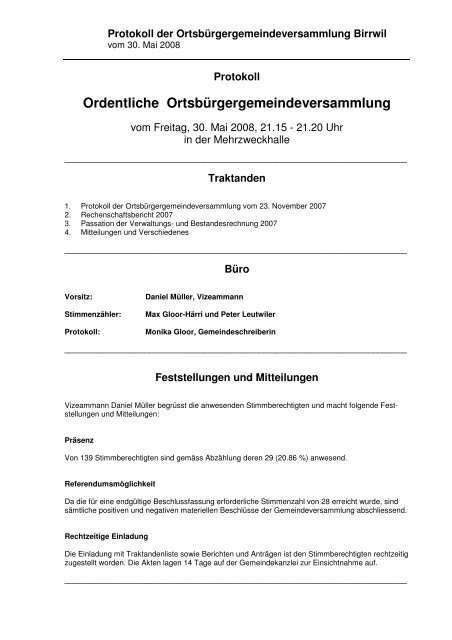 Ordentliche OrtsbÃ¼rgergemeindeversammlung - Birrwil