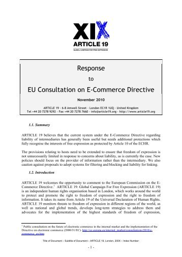 Response EU Consultation on E-Commerce Directive - Article 19