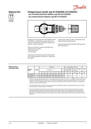 Datový list Integrovaný ventil, typ 013G0360 a 013G0361 - Danfoss