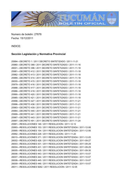 Numero de boletin: 27676 Fecha: 15/12/2011 INDICE: SecciÃ³n ...