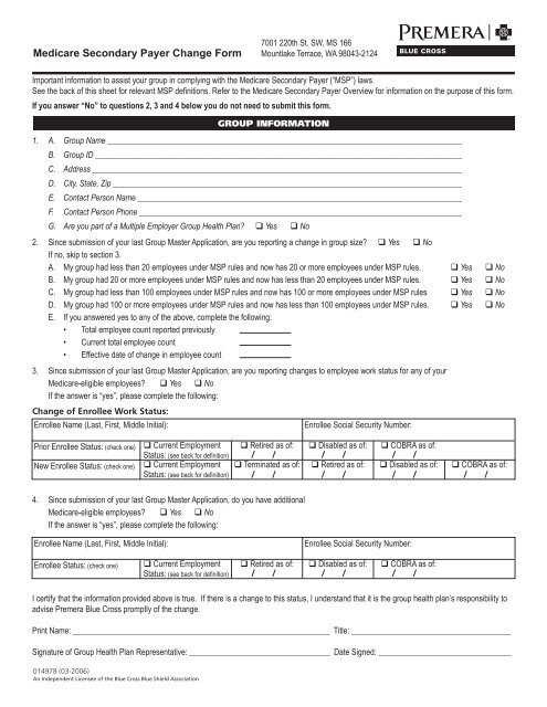 MSP Change Form - Premera Blue Cross