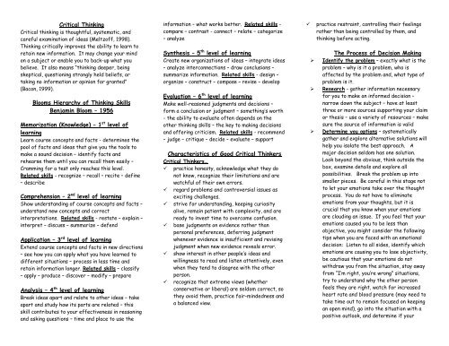 Critical Thinking Blooms Hierarchy of Thinking Skills Benjamin ...