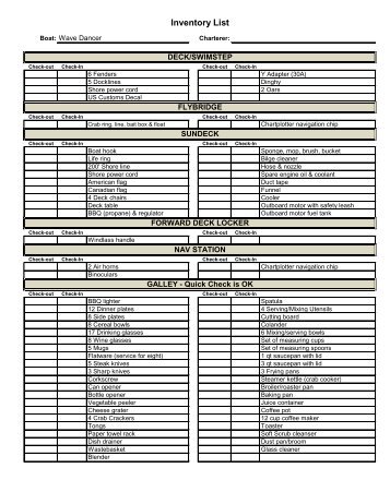 Inventory List - Ship Harbor Yacht Charters