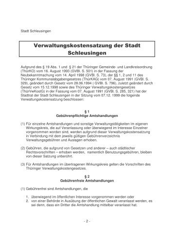 Verwaltungskostensatzung der Stadt Schleusingen