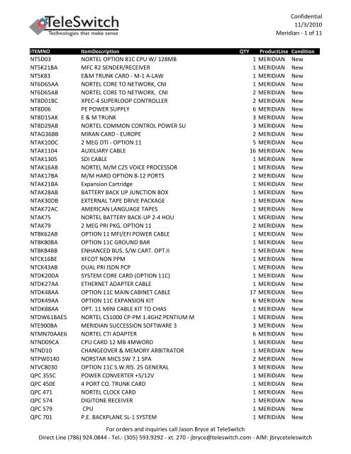 Confidential 11/3/2010 Meridian - 1 of 11 NT5D03 ... - TeleSwitch