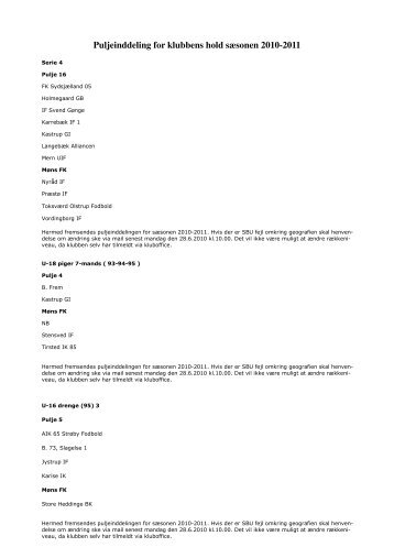 Puljeinddeling for klubbens hold sÃ¦sonen 2010-2011 - KlubCMS