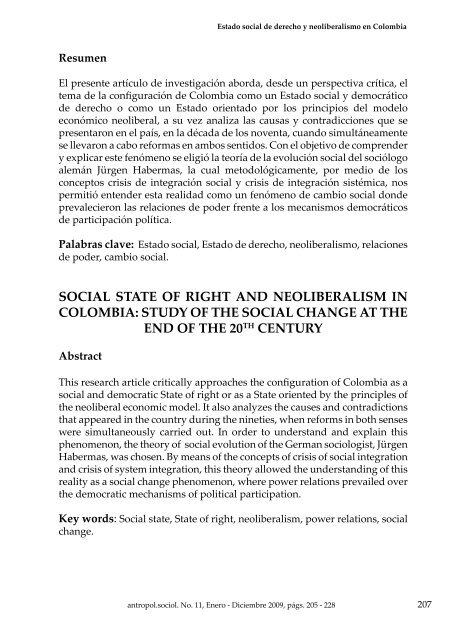 estado social de derecho y neoliberalismo en colombia: estudio del ...