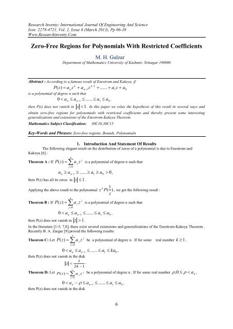 Zero-free Regions for Polynomials with ... - Research Inventy