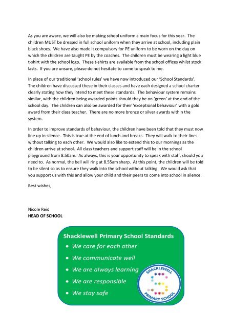 Back Letter - Shacklewell Primary School