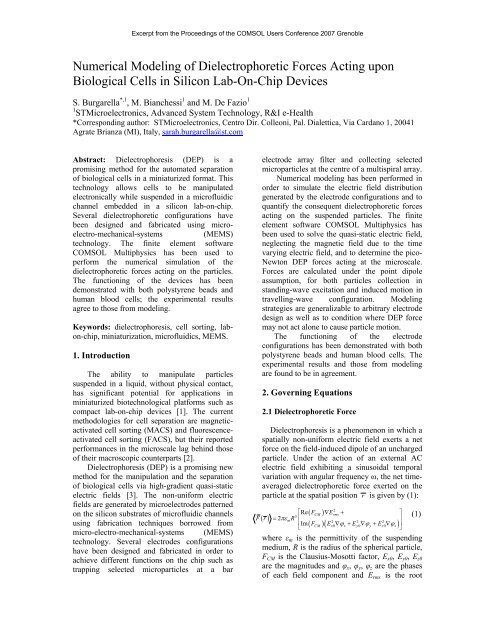 Numerical Modeling of Dielectrophoretic Forces ... - COMSOL.com