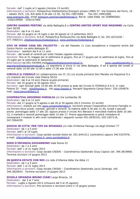 Altre opportunitÃ  - Estate in cittÃ  2013 - Comune di Bologna