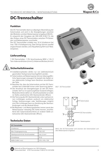 PV Trennschalter 2-String PROFILINE / Zum Direktanschluss /  Feuerwehrschalter / Solartrennschalter