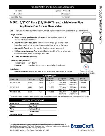 300.31 MEU2 Appliance Gas Excess Flow Valve REV 8 ... - Brass Craft