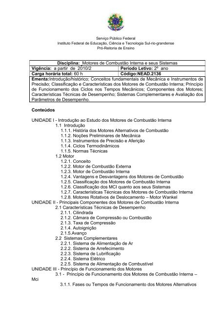 Disciplina: Motores de Combustão Interna e seus Sistemas Vigência ...