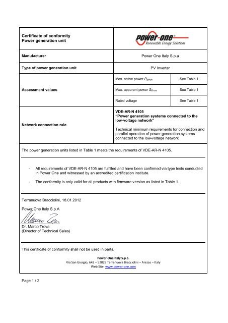 Certificate of conformity Power generation unit - Power-One