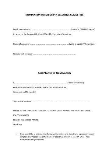 nomination form for pta executive committee acceptance of nomination