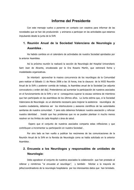 Informe del Presidente - Sociedad Valenciana de NeurologÃ­a