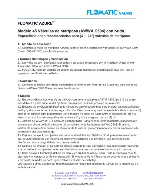 FLOMATIC AZURE Modelo 45 Válvulas de mariposa (AWWA C504 ...