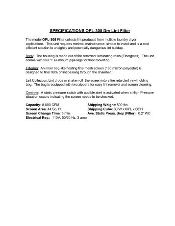 SPECIFICATIONS OPL-308 Dry Lint Filter - Clean Cycle Systems