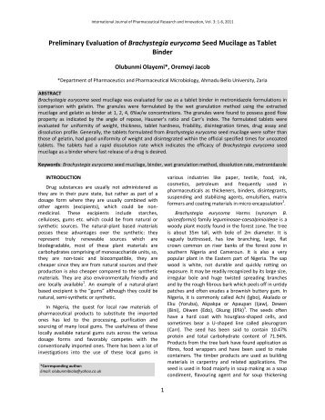 Preliminary Evaluation of Brachystegia eurycoma Seed Mucilage as ...