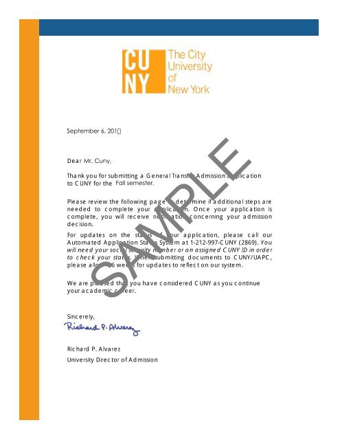 Sample Transfer Application Summary Package CUNY
