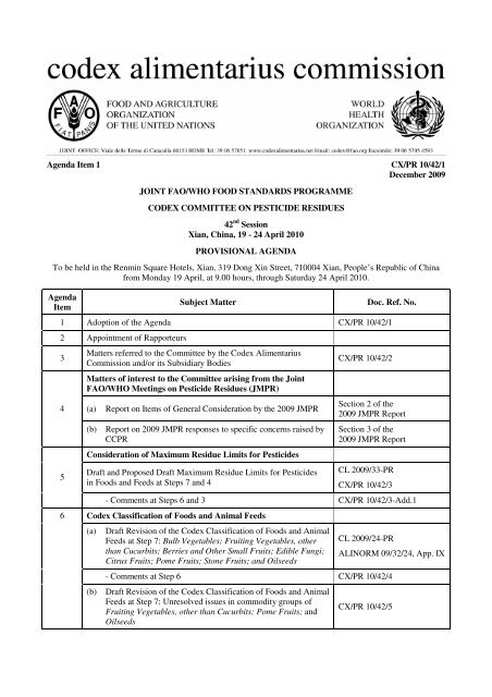 Agenda Item 1 CX/PR 10/42/1 December 2009 JOINT FAO ... - codex