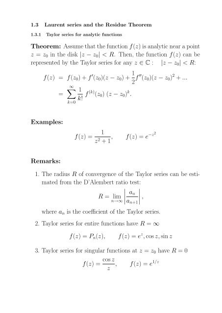 Theorem: Assume that the function f(z) is analytic near a point z = z 0 ...
