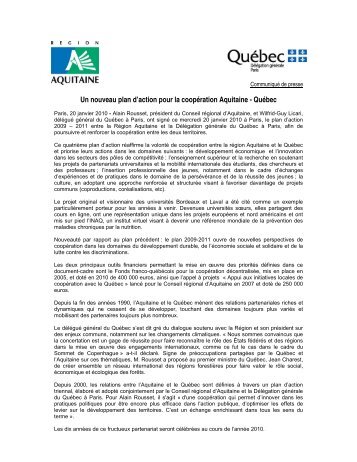 Un nouveau plan d'action pour la coopÃ©ration Aquitaine - QuÃ©bec