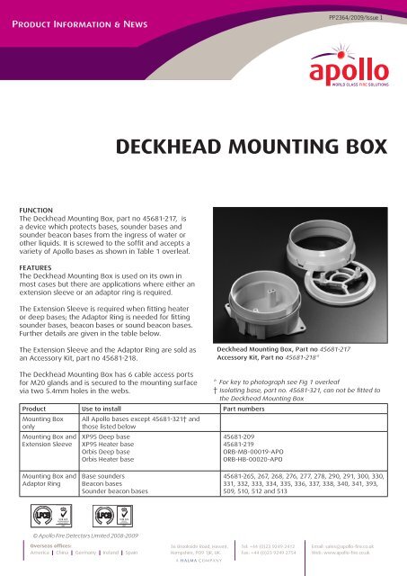 DECKHEAD MOUNTING BOX - Apollo Fire Detectors Limited