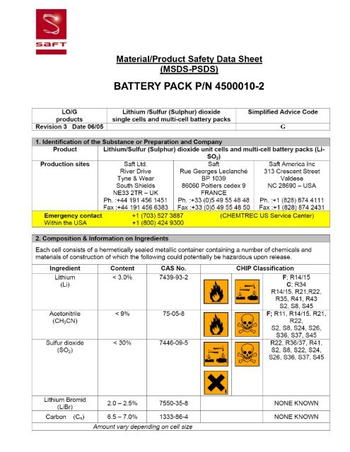MSDS for Battery Pack 4500010-2 LiSO2 Lithium - Ameri-King.com
