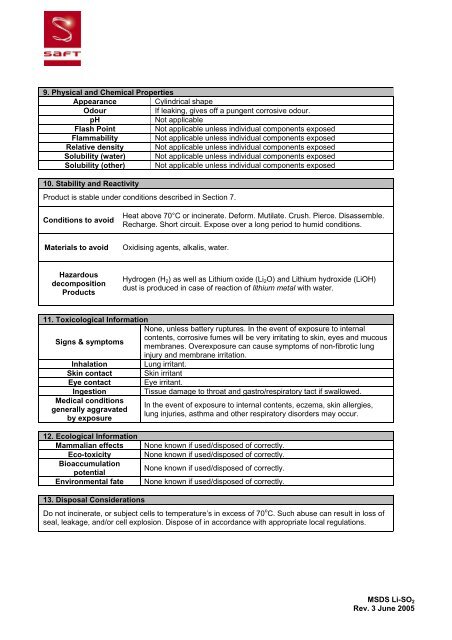 MSDS for Battery Pack 4500010-2 LiSO2 Lithium - Ameri-King.com