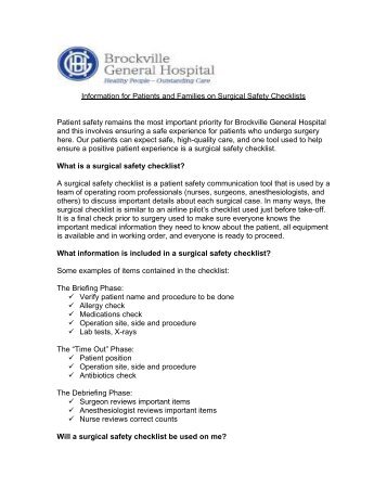 Information for Patients and Families on Surgical Safety Checklists ...