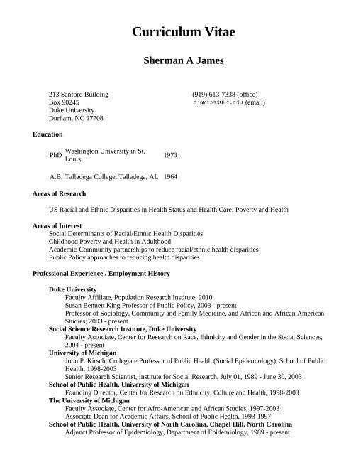 Curriculum Vitae Sherman A James - Academic Room