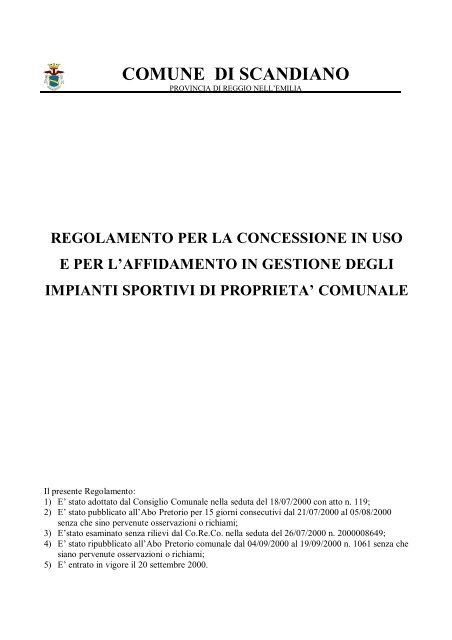 Regolamento per concessione in uso e affidamento gestione