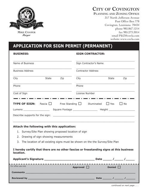 application for sign permit (permanent) - City of Covington, Louisiana