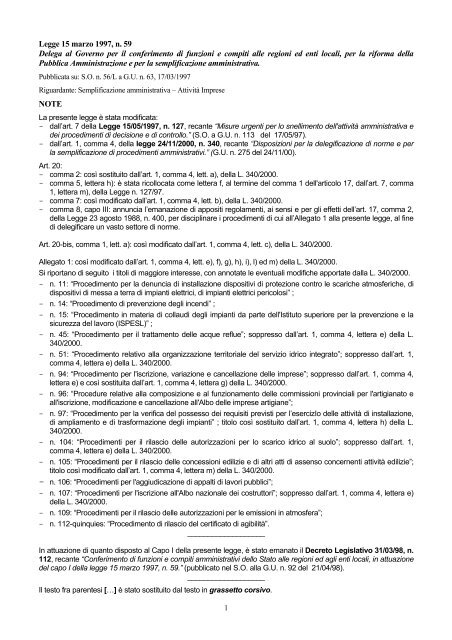 Legge 15 marzo 1997, n. 59 Delega al Governo per il conferimento ...