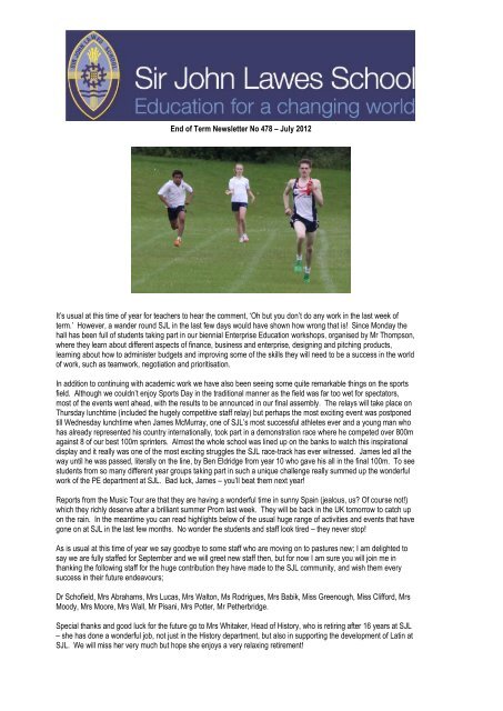 End of Term Newsletter - Sir John Lawes School