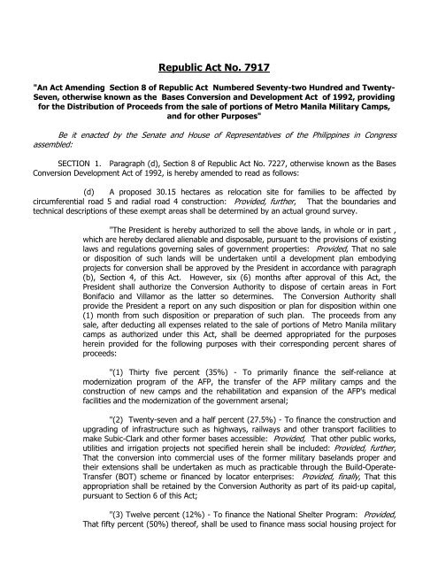 RA 7917 - Philippines Bases Conversion and Development Authority