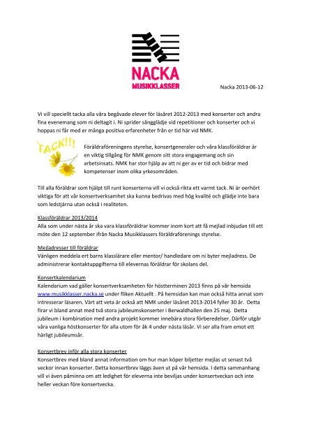Elev och föräldrabrev - nacka musikklasser