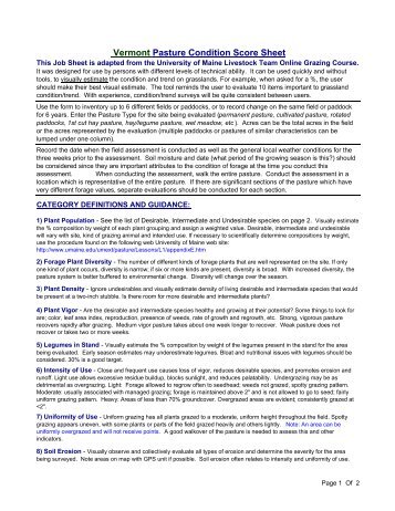 Vermont Pasture Condition Score Sheet - Field Office Technical Guide